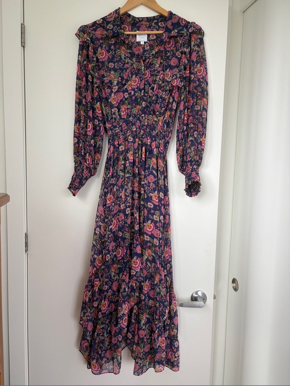 Misa Los Angeles Navy Floral Maxi Dress with Pink & Green Accents